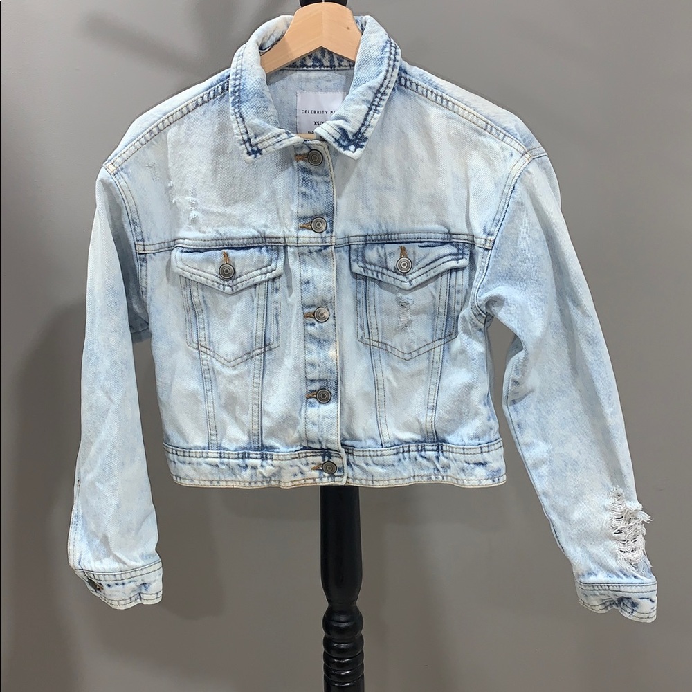 Celebrity Pink Distressed Cropped Denim Jacket Size XS